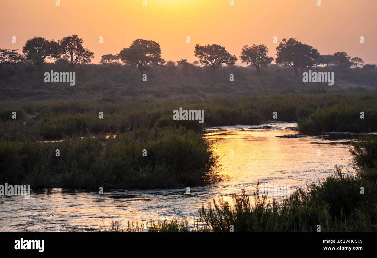 Fiume Sabie all'alba, paesaggio fluviale con suggestiva alba, Parco Nazionale di Kruger, Sudafrica Foto Stock