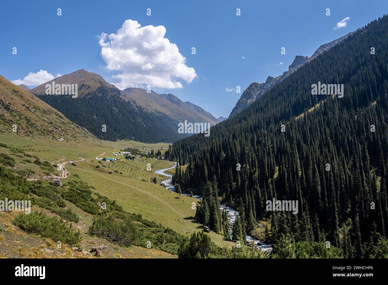 Valle verde di montagna con il villaggio di Altyn Arashan, i monti Tien Shan, Kirghizistan Foto Stock