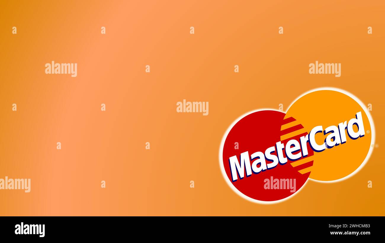 Istanbul, Turchia - 25 gennaio 2024: Logo del marchio MasterCard su un semplice sfondo con spazio di copia. MasterCard è una società di pagamento globale Foto Stock