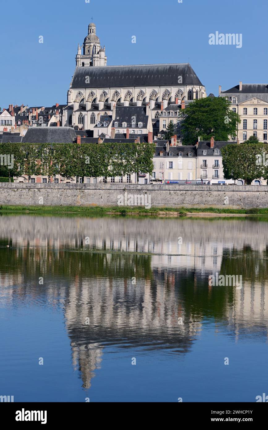 Cattedrale di Saint-Louis riflessa nella Loira, Blois, dipartimento Loir-et-Cher, regione Centre-Val de Loire, Francia Foto Stock