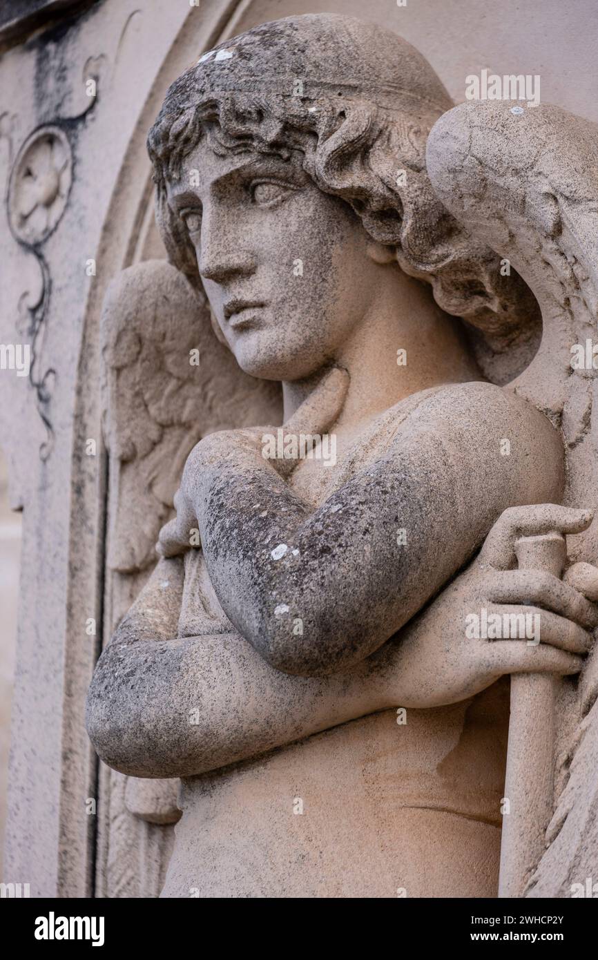 angelo con tromba, scultore J.Serra Riera, cimitero Llucmajor, Maiorca, Isole Baleari, Spagna Foto Stock