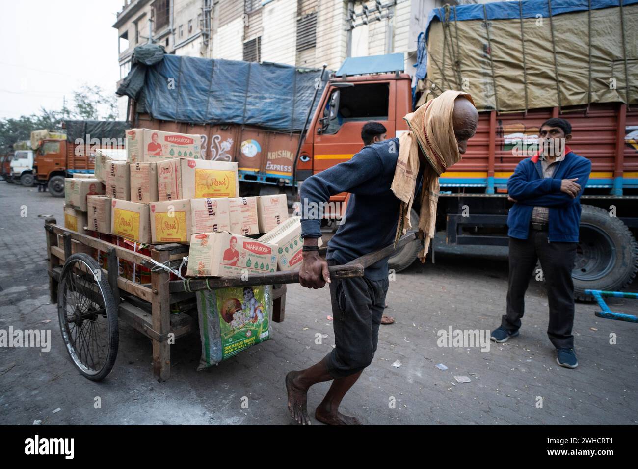 Labourer trasporta bene in un carrello, in un mercato all’ingrosso, prima della presentazione del bilancio provvisorio 2024 da parte del ministro delle Finanze dell’Unione Nirmala Foto Stock