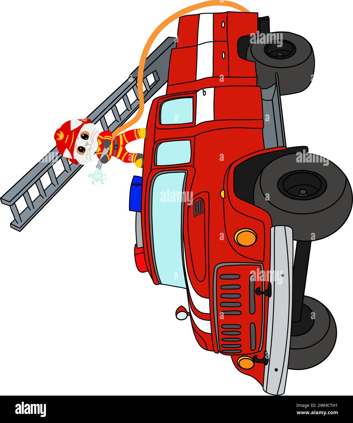 disegno di un camion dei pompieri con una grande scala su sfondo trasparente Illustrazione Vettoriale