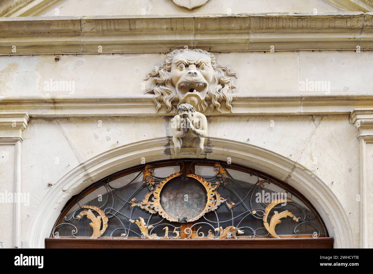 Casa del maestro costruttore, facciata rinascimentale, Rothenburg ob der Tauber, Media Franconia, Baviera, Germania Foto Stock