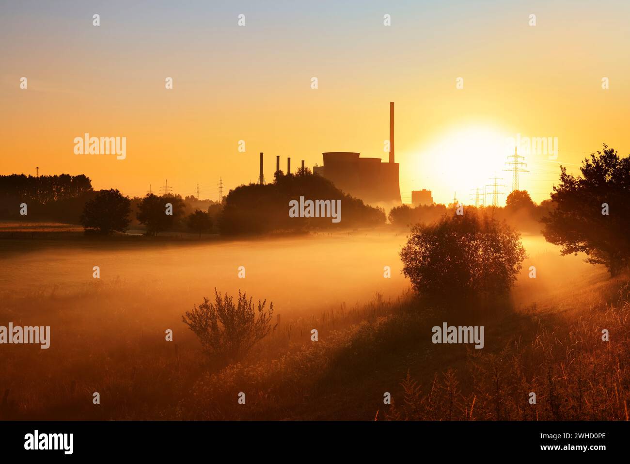 Centrale elettrica "Gersteinwerk" e Lippewiesen all'alba, Werne-Stockum, Renania settentrionale-Vestfalia, Germania Foto Stock