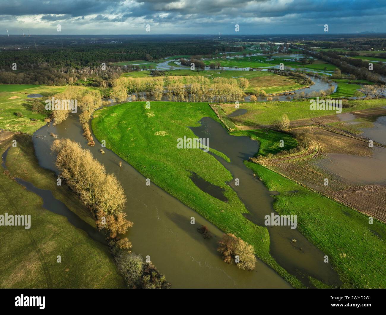 Wesel, Renania settentrionale-Vestfalia, Germania - inondazione sul Lippe, fiume nella zona della Ruhr. Foto Stock