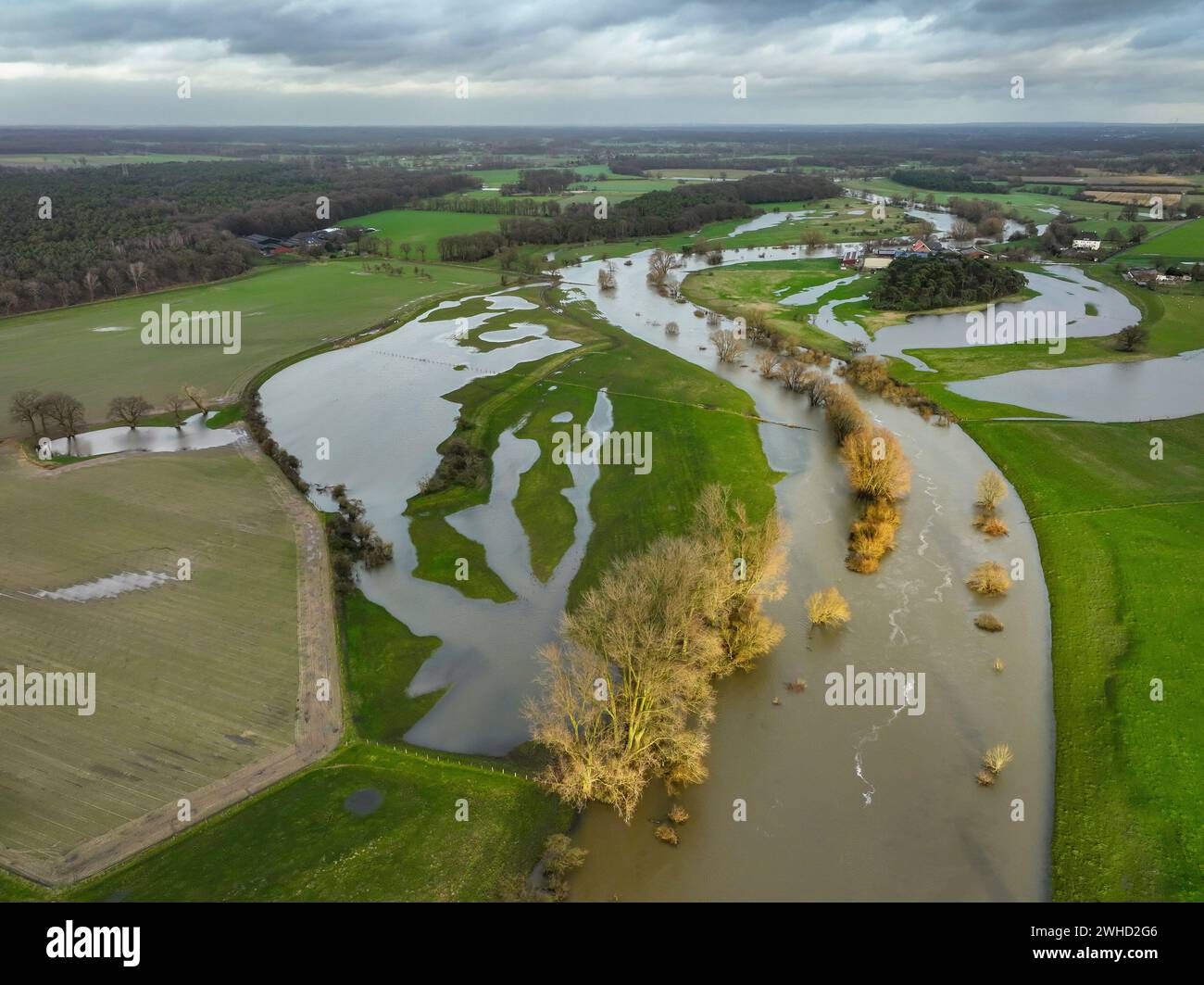 Hünxe, Renania settentrionale-Vestfalia, Germania - alluvione sul Lippe, fiume nella regione della Ruhr. Foto Stock