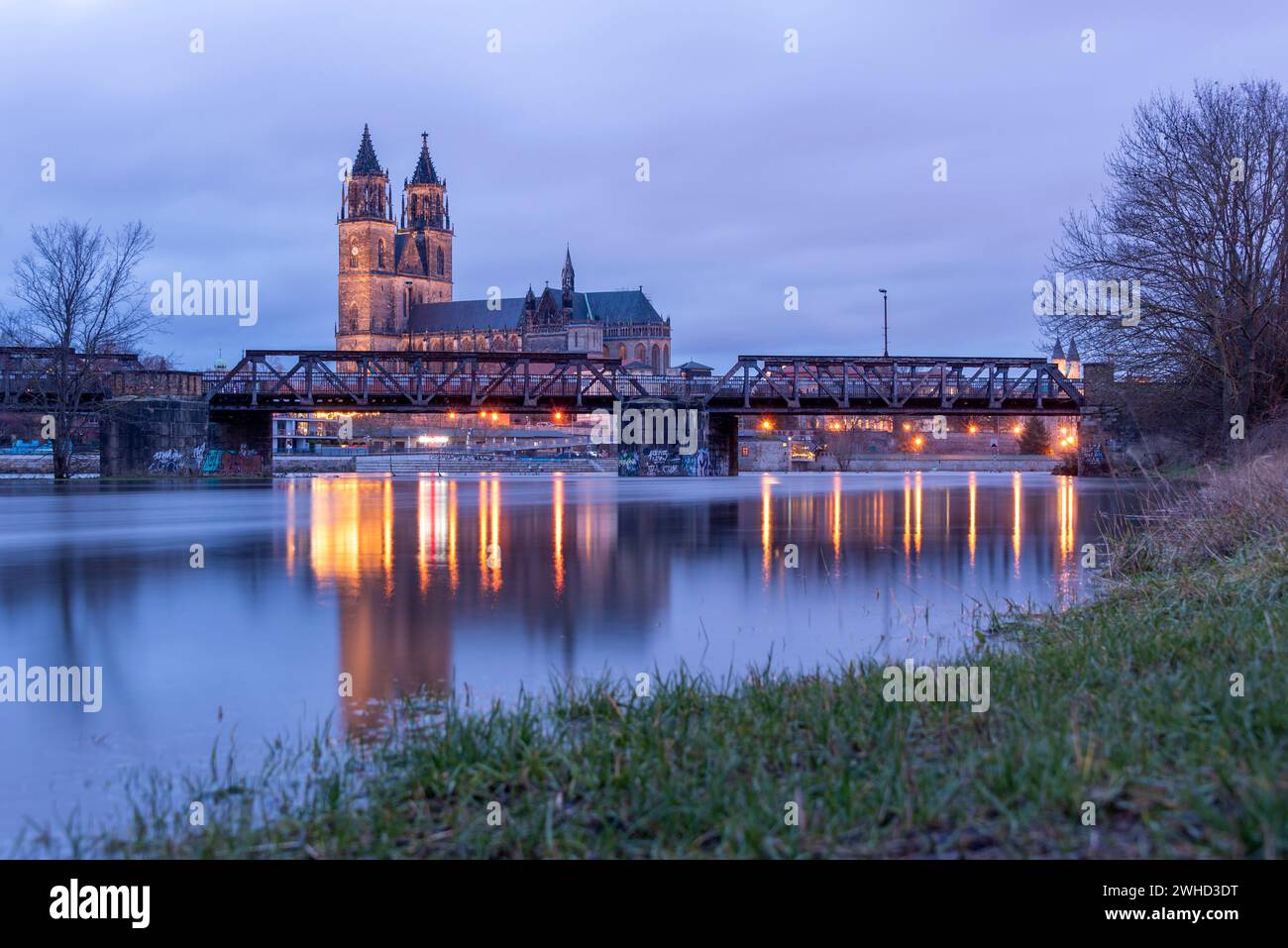 Cattedrale di Magdeburgo con alluvione dell'Elba, Magdeburgo, Sassonia-Anhalt, Germania Foto Stock