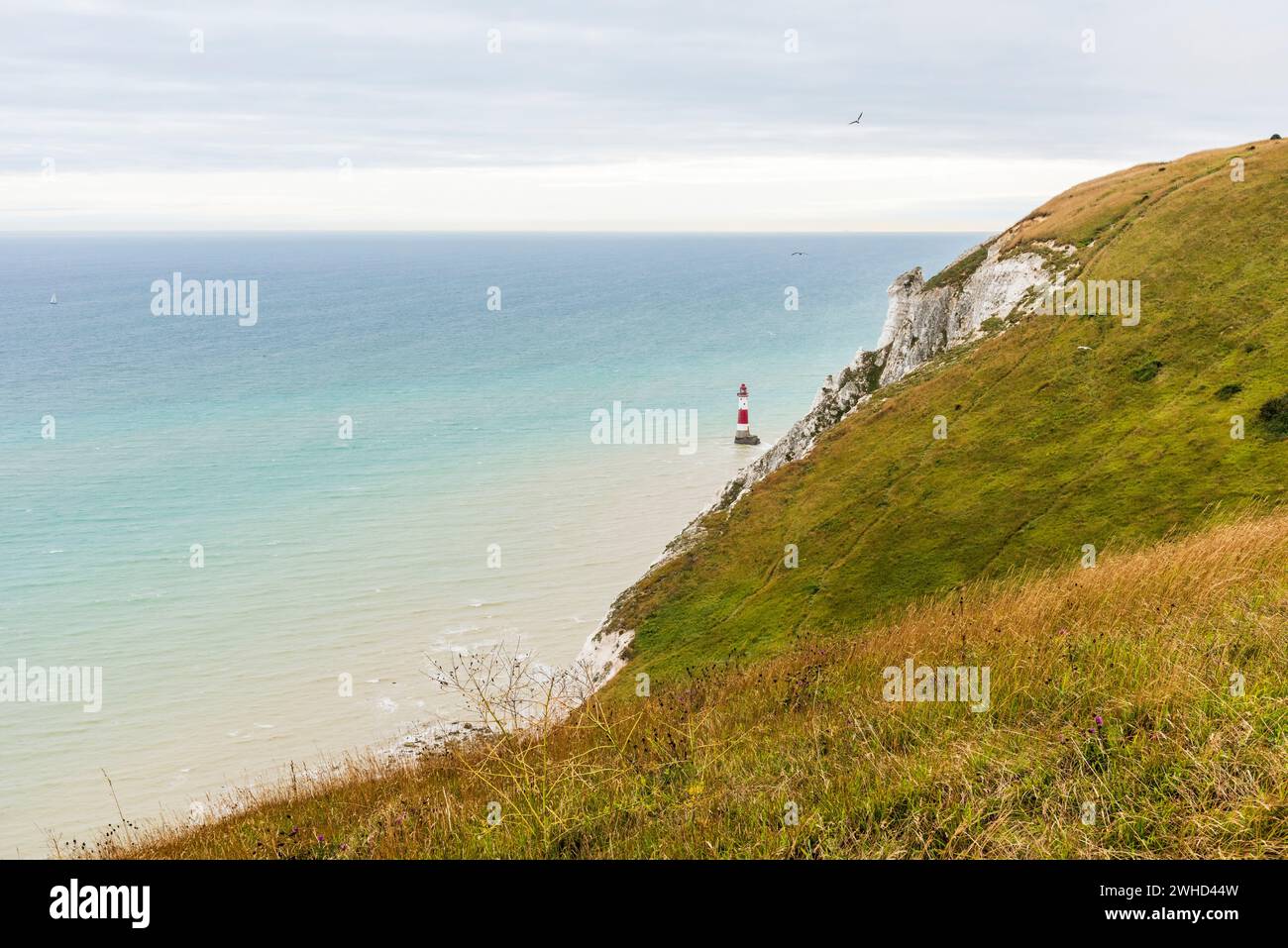 Faro a Beachy Head sulla costa inglese vicino a Eastbourne, West Sussex, Inghilterra, Regno Unito Foto Stock
