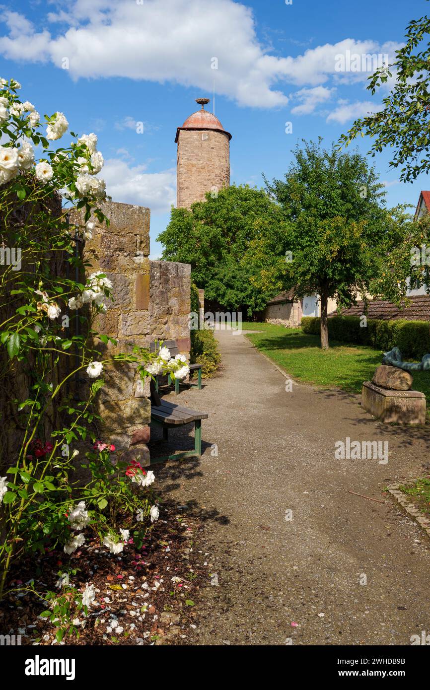 La torre di Monk, le mura storiche e il giardino d'arte nella città vinicola di Hammelburg, il quartiere di Bad Kissingen, la bassa Franconia, la Franconia, la Baviera, Germania Foto Stock