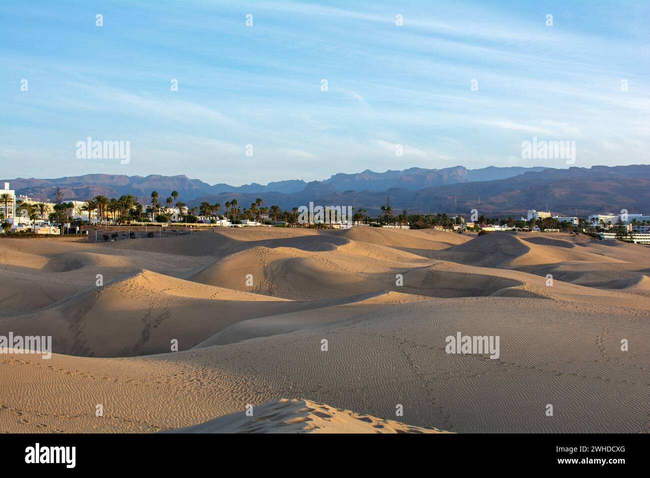 Dune di sabbia di Maspalomas con vista sulla città di Playa del Inglés sull'isola Canaria di Gran Canaria, Spagna, Europa. Le enormi dune di sabbia assomigliano Foto Stock