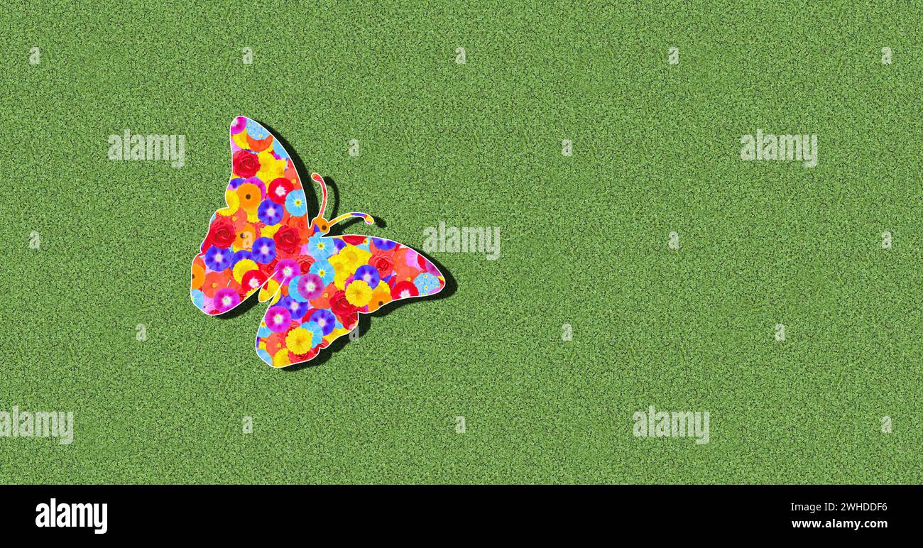 Silhouette a farfalla con fiori colorati su sfondo verde, volo in estate, grafica, illustrazione Foto Stock