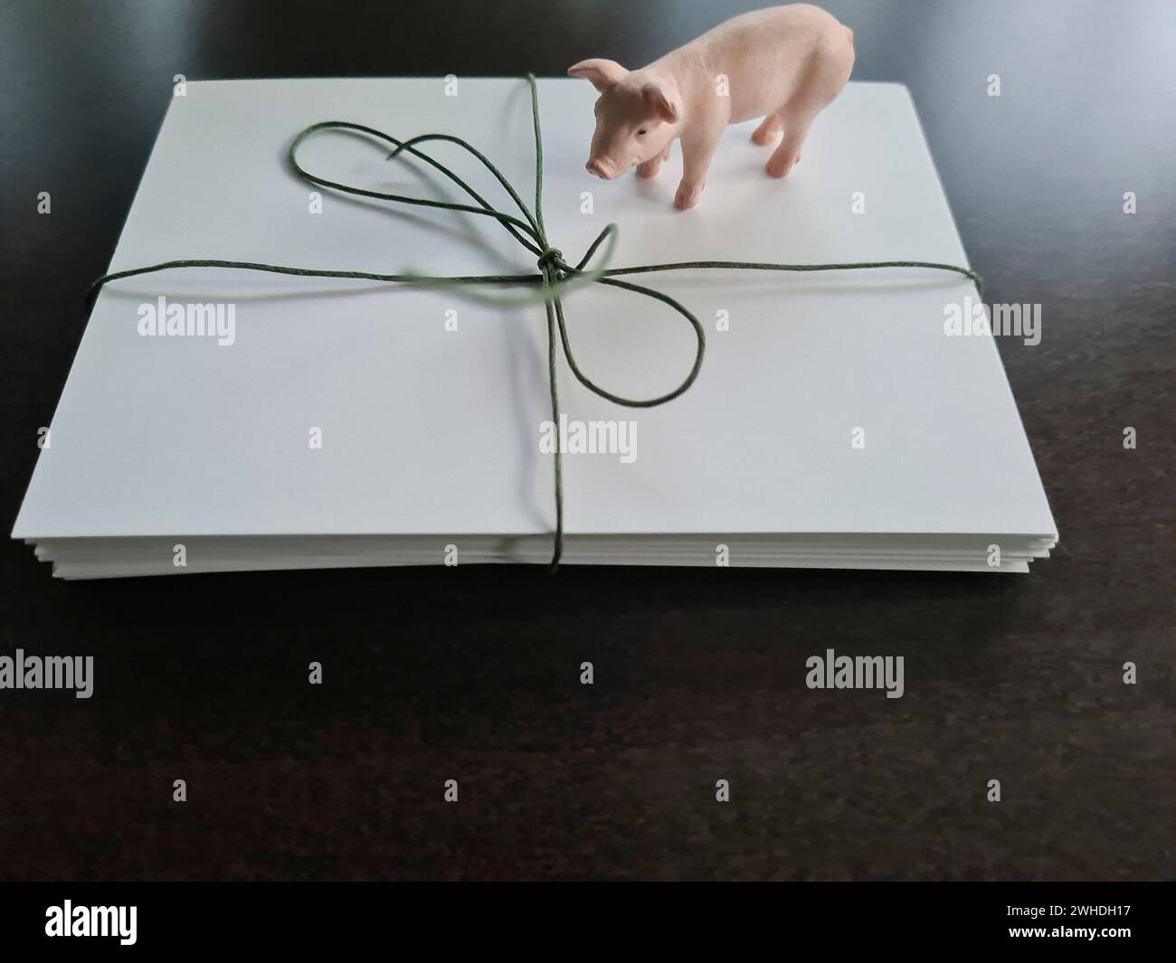 Un regalo è decorato con carta bianca, nastro verde e nastro da imballaggio con un piccolo maiale rosa giocattolo Foto Stock