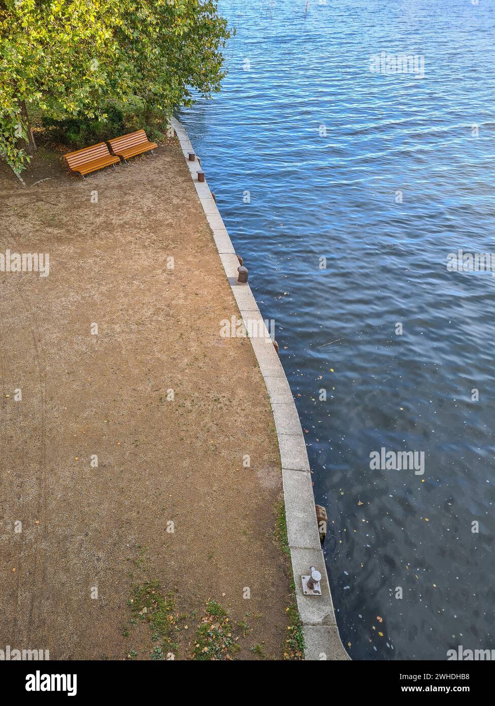 Rilassatevi vicino al lago e all'acqua con vista dall'alto sulle panchine del parco sotto un albero in autunno Foto Stock
