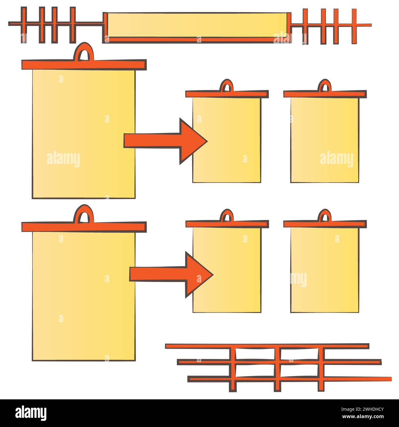 Pagina di carta grande con appendiabiti collegata a una pagina di carta più piccola con una freccia; può essere utilizzata nella pianificazione e nell'istruzione per rappresentare i calcoli; Illustrazione Vettoriale