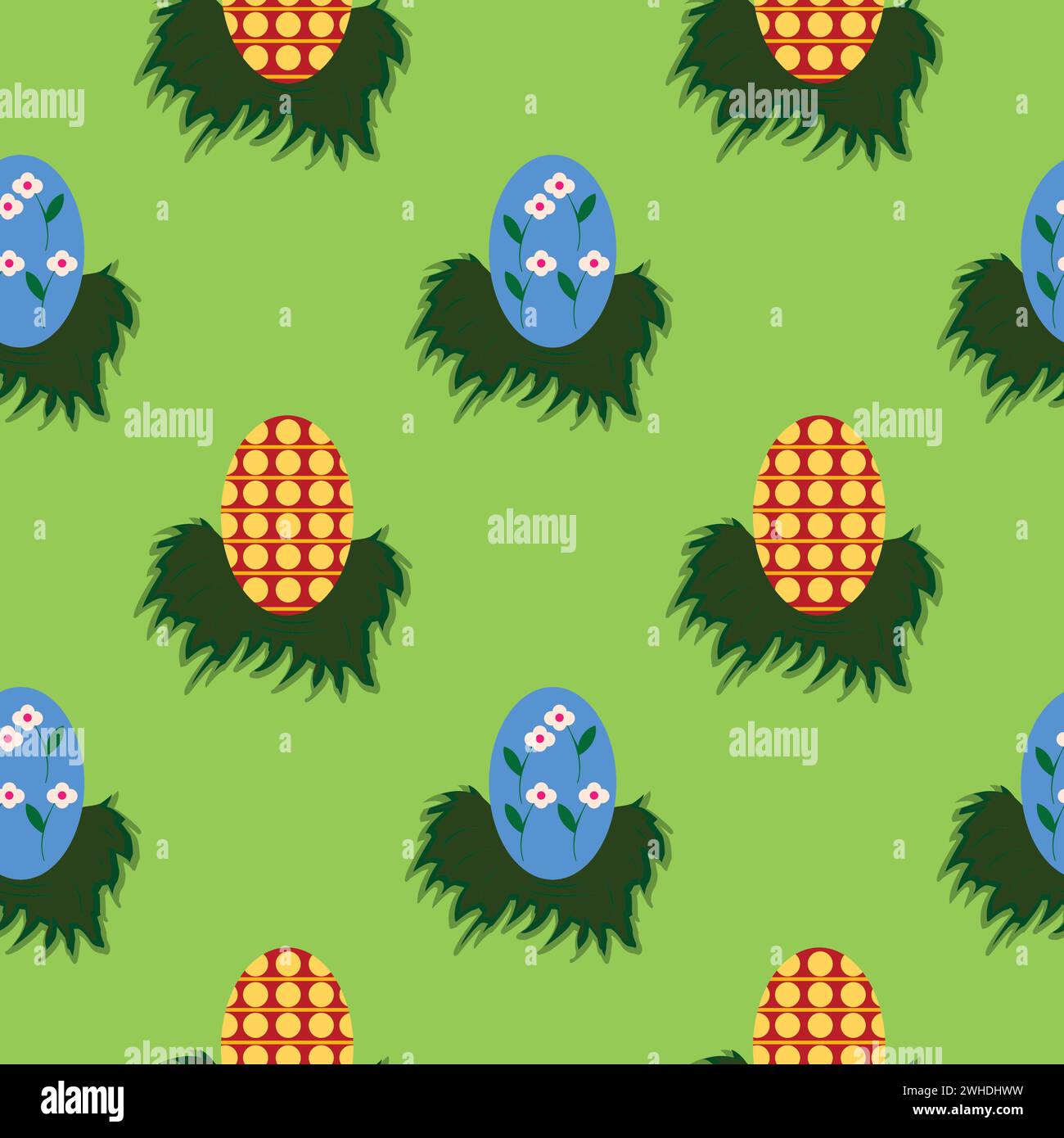 Motivo senza cuciture con uova colorate disposte in piccoli cespugli di erba; motivo decorativo con uova colorate Illustrazione Vettoriale