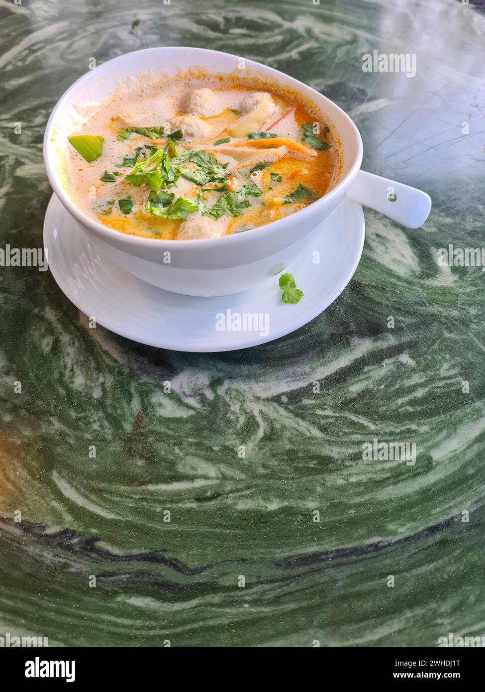 Tom Kha GAI, zuppa di pollo in una ciotola bianca, contiene gli ingredienti latte di cocco, galangal, citronella, pollo, porro e prezzemolo Foto Stock