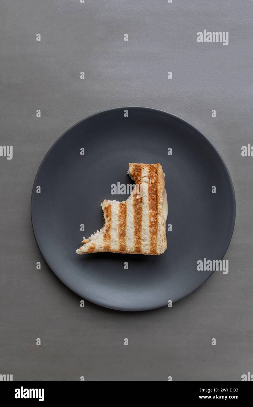 Un sandwich con toast al prosciutto grigliato a strisce si trova su un piatto su uno sfondo grigio Foto Stock