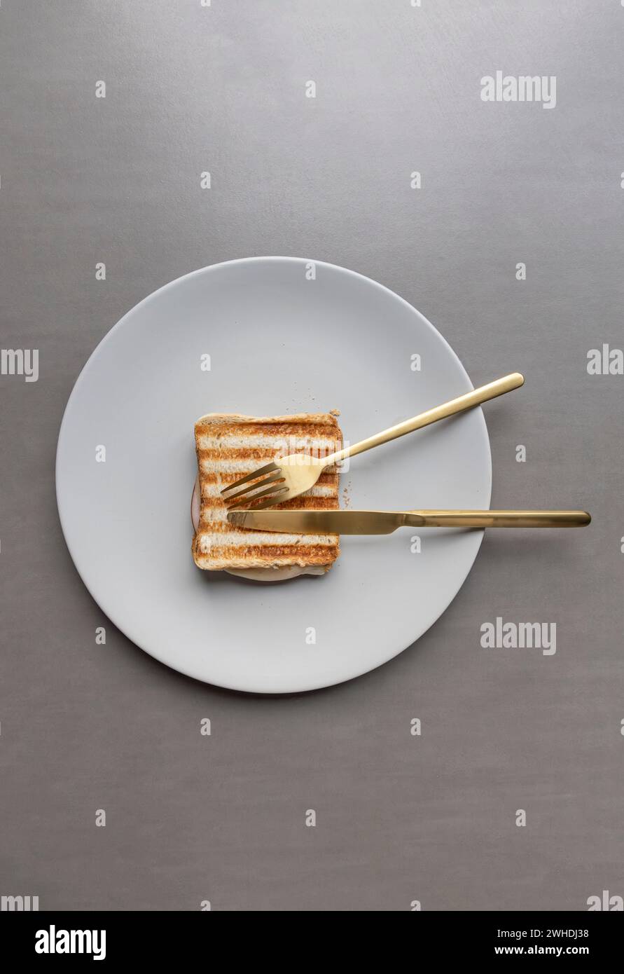 Un panino con toast al prosciutto grigliato a strisce si trova su un piatto grigio chiaro su sfondo grigio Foto Stock