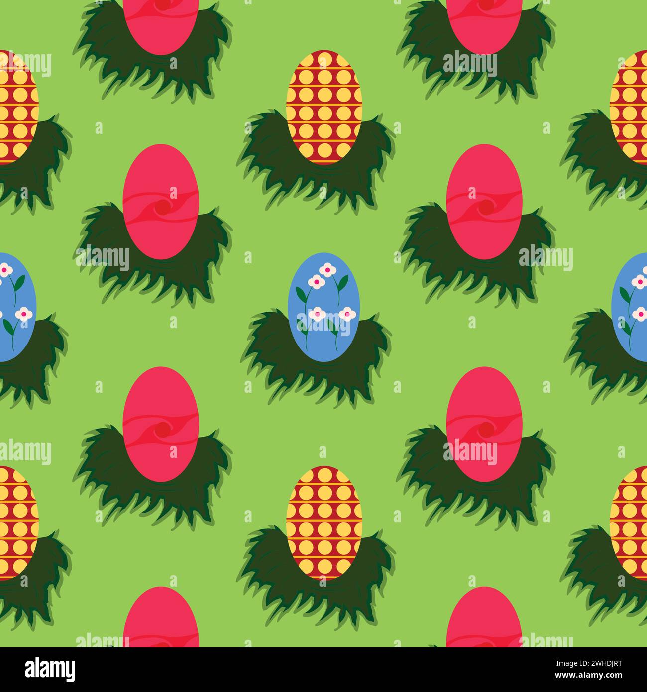 Motivo senza cuciture con file di uova colorate disposte in piccoli cespugli d'erba; motivo decorativo con uova colorate Illustrazione Vettoriale