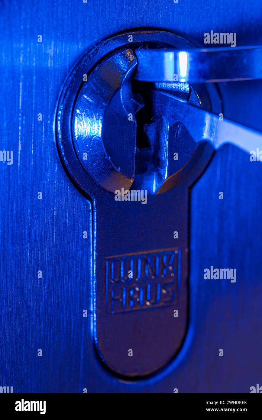 Il ladro apre la serratura a cilindro con lo strumento di bloccaggio, dettaglio, luce blu, immagine simbolica, furto domestico, Foto Stock