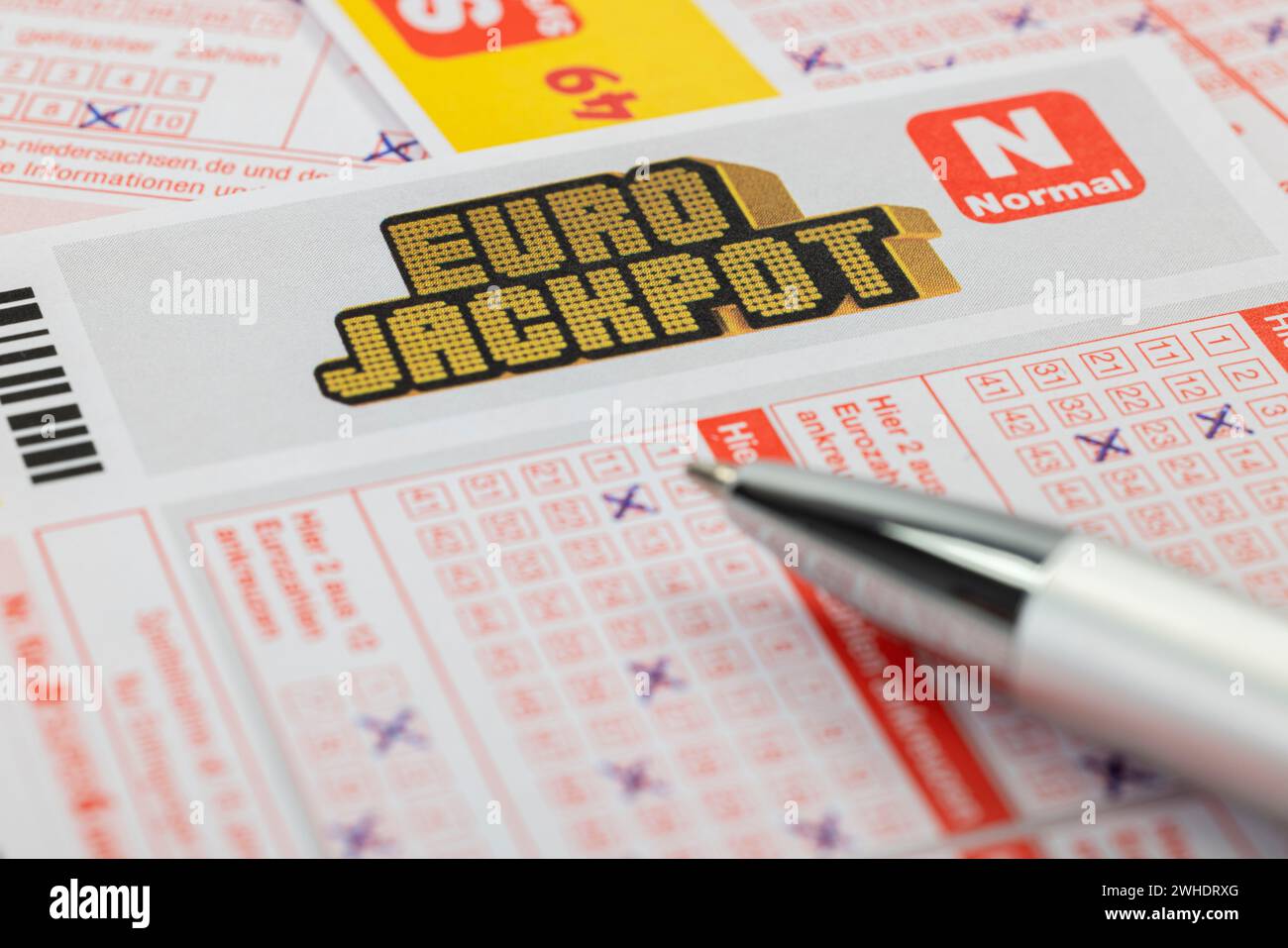 Scheda di gioco, dettaglio, lettere EUROJACKPOT, penna a sfera, Foto Stock