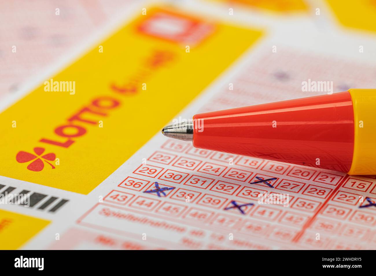 Biglietto della lotteria, dettaglio, scritta LOTTO 6aus49, penna a sfera, sfocatura, Foto Stock