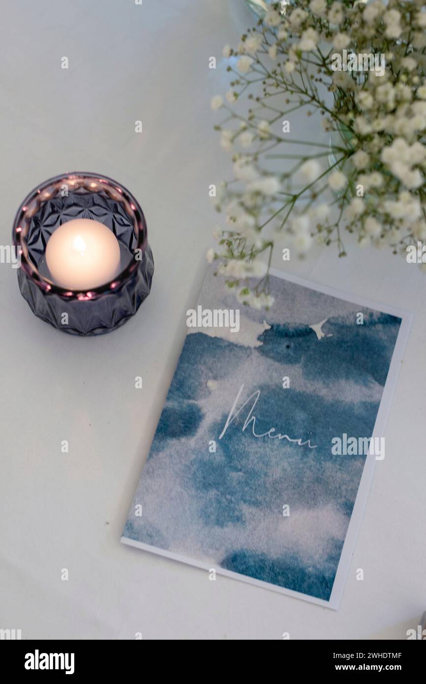 decorazioni per matrimoni, menu, boho, candela, menu Foto Stock