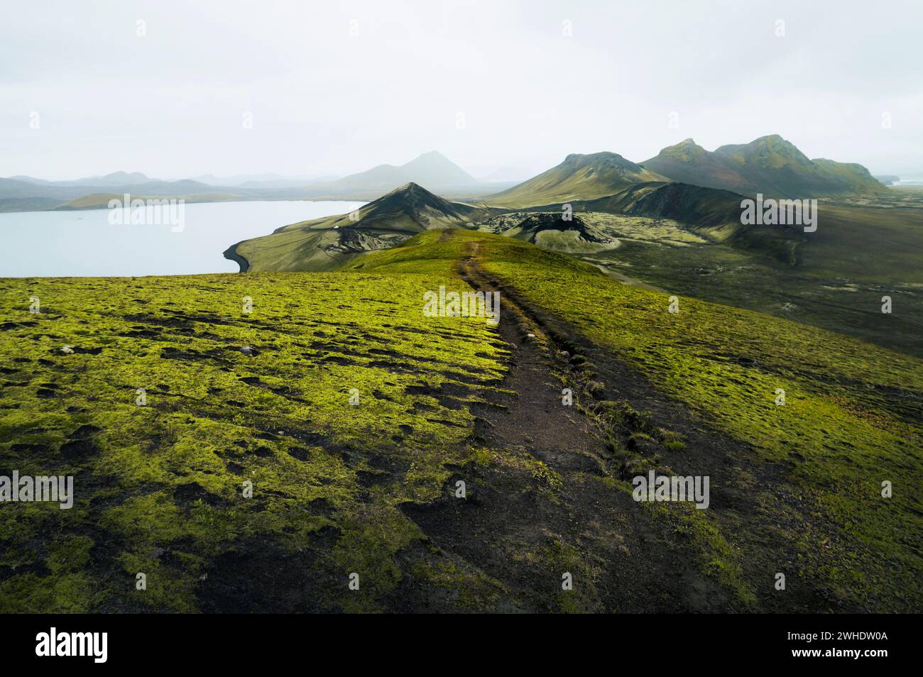 Vista dei paesaggi vulcanici ricoperti di muschio, del lago Frostastadavatn e del cratere vulcanico Stútur vicino a Landmannalaugar, alla riserva naturale di Fjallabak, alle Highlands meridionali, Islanda Foto Stock