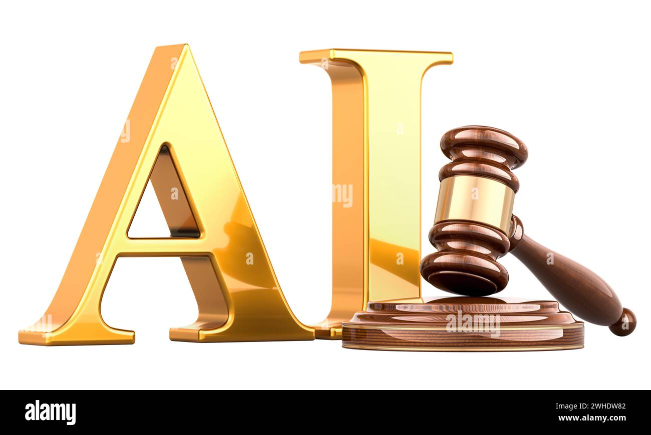 Intelligenza artificiale con martelletto in legno, rendering 3D isolato su sfondo bianco Foto Stock