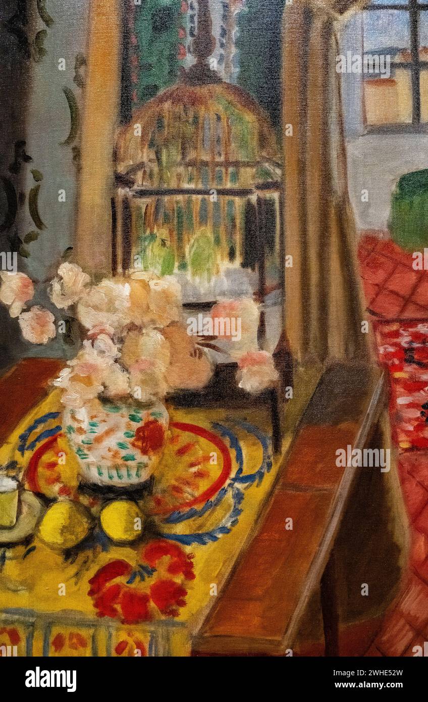 Immagine ritagliata di Henri Matisse 1924 olio su tela "Interior, Flowers and Parakeets" al Baltimore Museum of Art Foto Stock