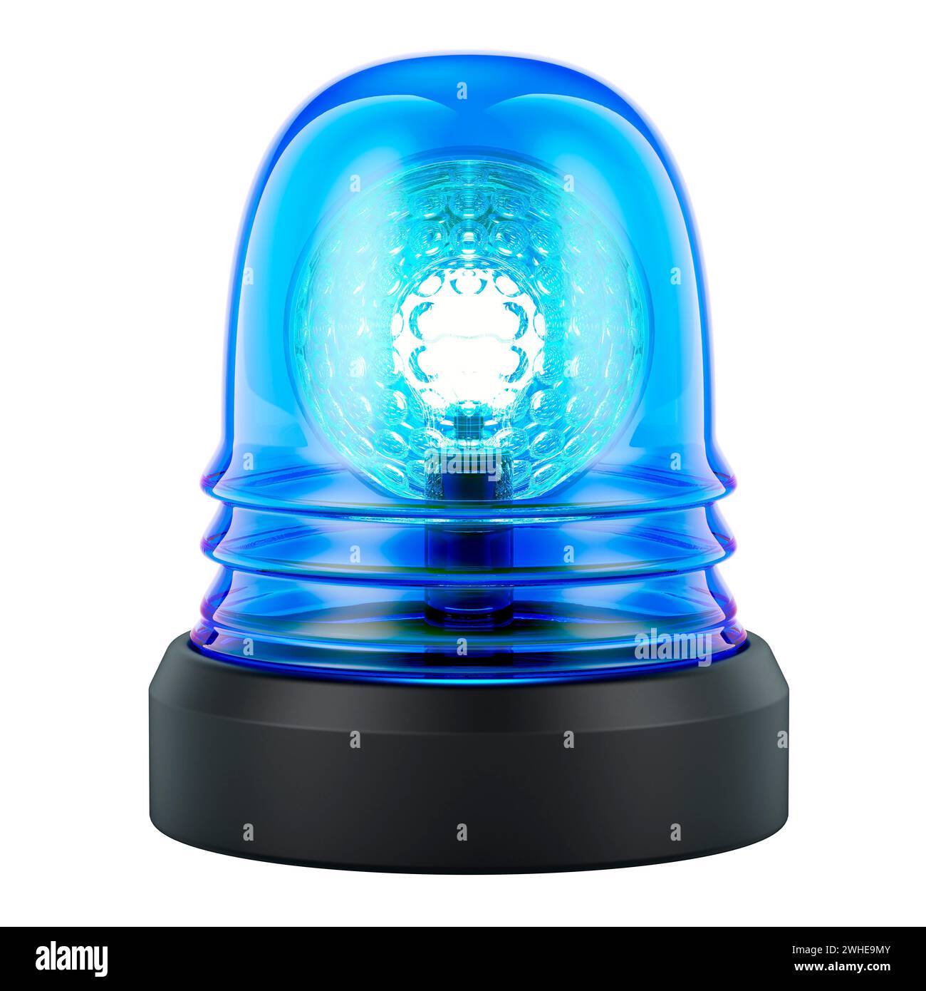 Faro lampeggiante blu rotante. Luce stroboscopica LED di emergenza. Rendering 3D isolato su sfondo bianco Foto Stock