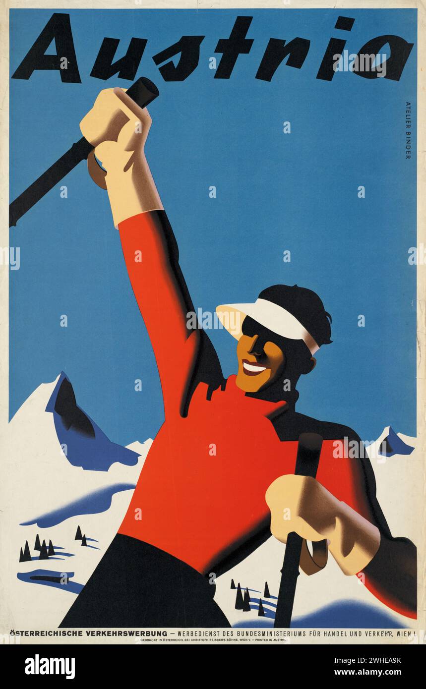 Poster da viaggio d'epoca dall'Austria, che mostra uno sciatore in rosso contro montagne innevate bianche Foto Stock