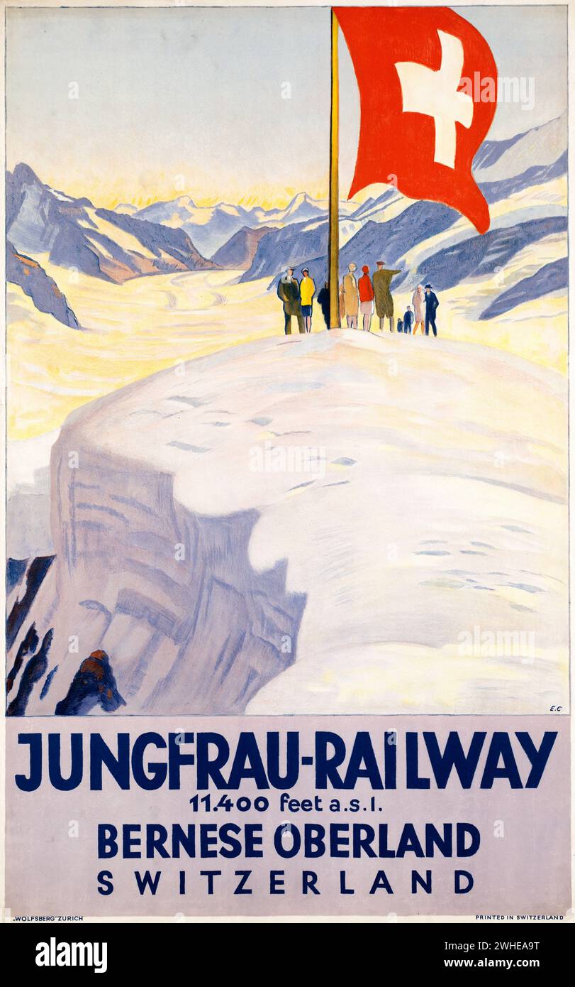 Poster da viaggio vintage della ferrovia Jungfrau nell'Oberland Bernese, Svizzera, di Emil Cardinaux Foto Stock