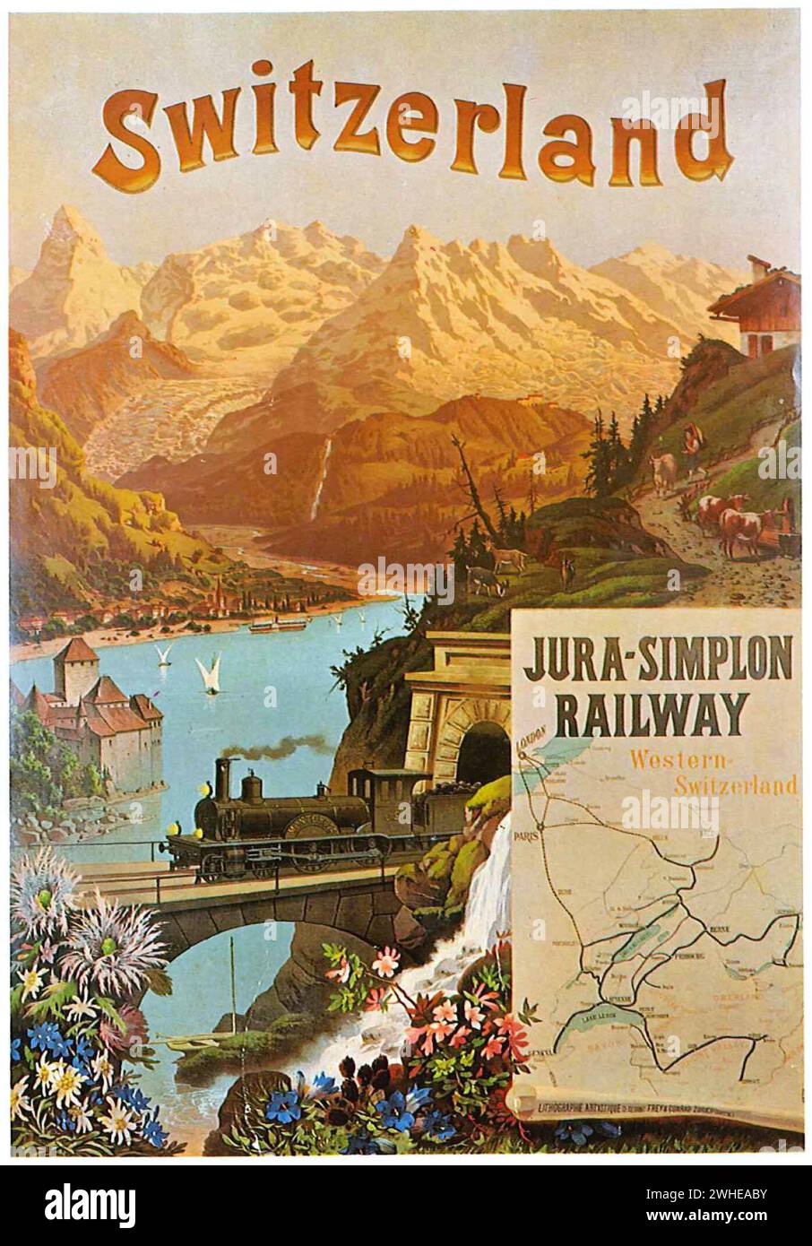 Poster di viaggio vintage della "ferrovia Giura-Sempione" Svizzera. Viaggi in treno nella Svizzera occidentale Foto Stock