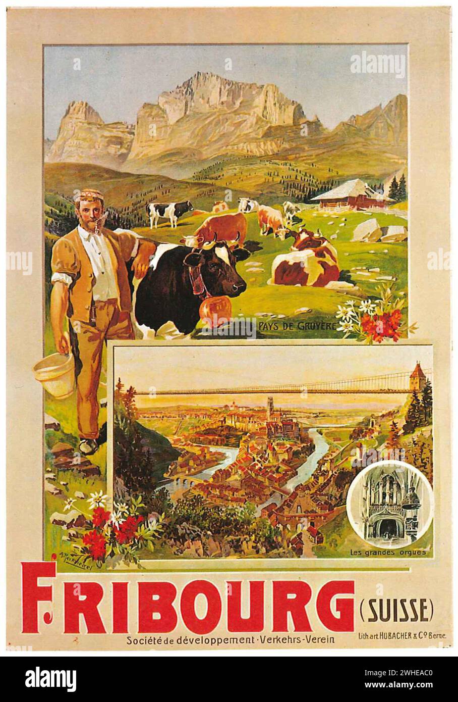 Poster di viaggio d'epoca per Friburgo in Svizzera, che mostra la scena montana svizzera con le mucche e la città stessa di anton reckziegel Foto Stock