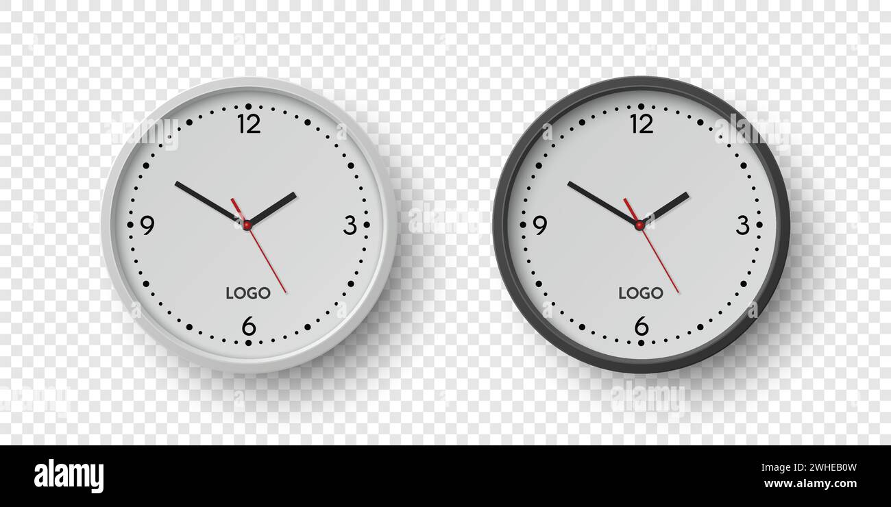 Orologio da ufficio Vector 3d Realistic Round Wall. Primo piano con quadrante bianco e nero isolato. Modello di progettazione, Mock-up per il Branding, pubblicità. Semplice Illustrazione Vettoriale