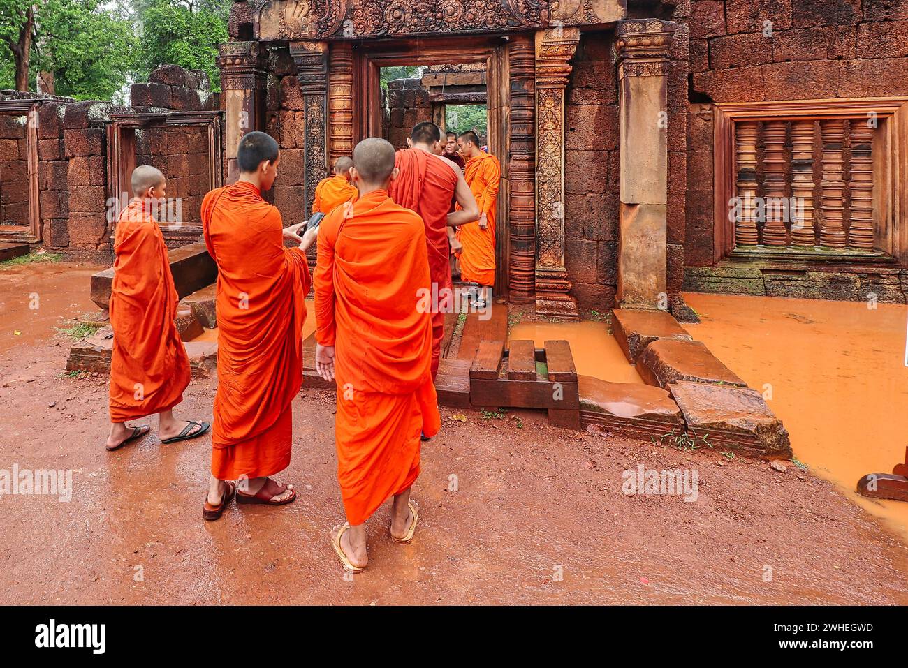 SIEM Reap, Cambogia, 4 luglio 2019 - Monaci cambogiani con rosso brillante, orangolo e roba ocra nel tempio Banteay Srei del X secolo costruito da Rajendravarman Foto Stock