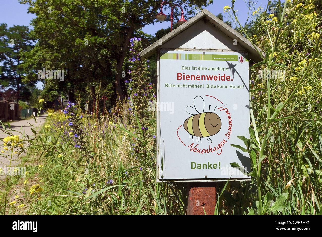 "08.07.2023, Germania, Brandeburgo, Neuenhagen - cartello indicante un pascolo di api sul ciglio della strada. 00S230708D085CAROEX.JPG [VERSIONE DEL MODELLO: NON APPLICABILE Foto Stock