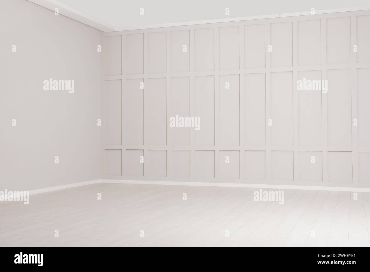 Camera vuota con pareti beige e pavimento laminato Foto Stock