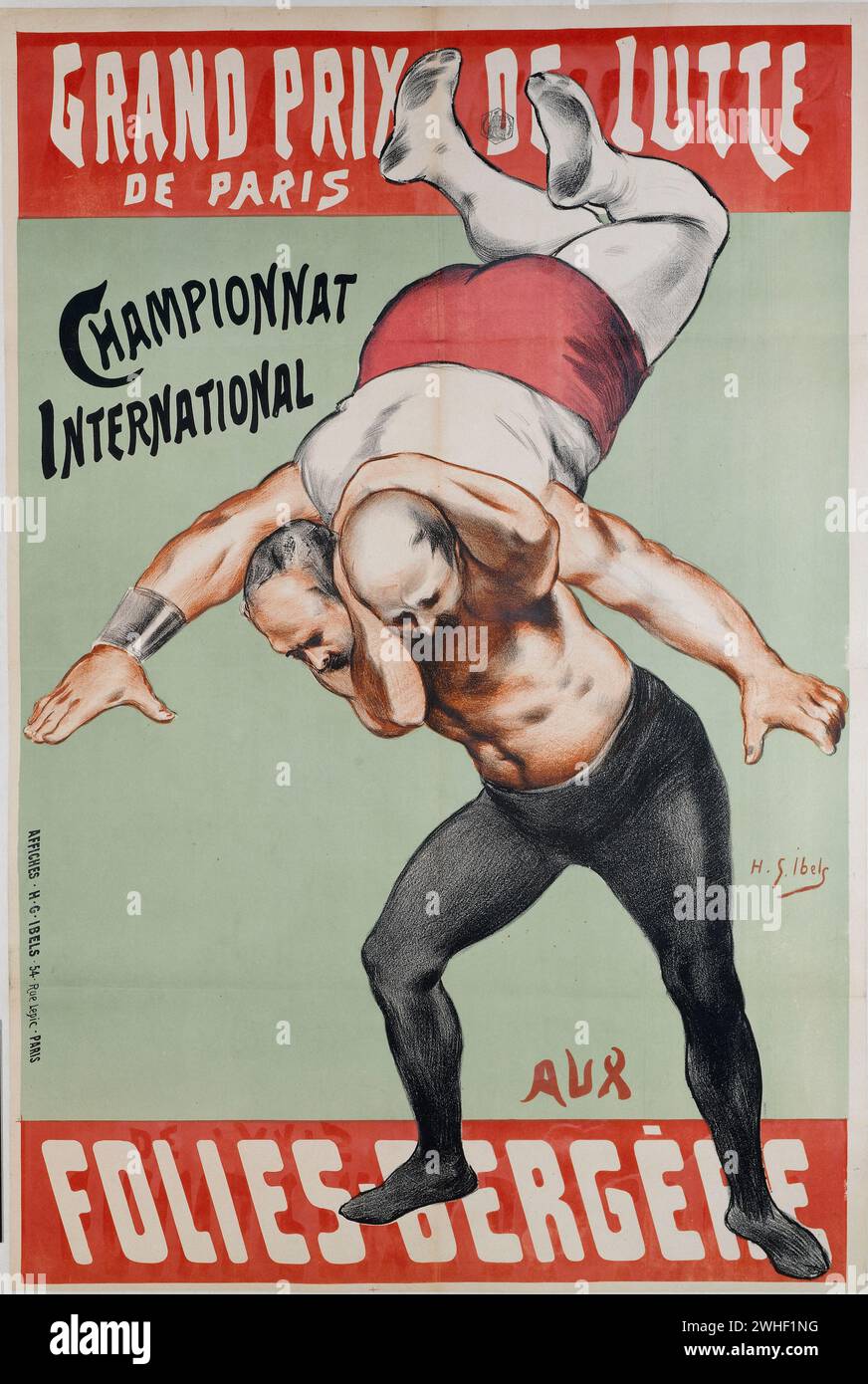 Poster vintage: . Gran Campionato di Wrestling di Parigi a Folies-Bergère. Affiche. Colore litografia.. Disegno: Henri Gabriel Ibels 1936) Foto Stock