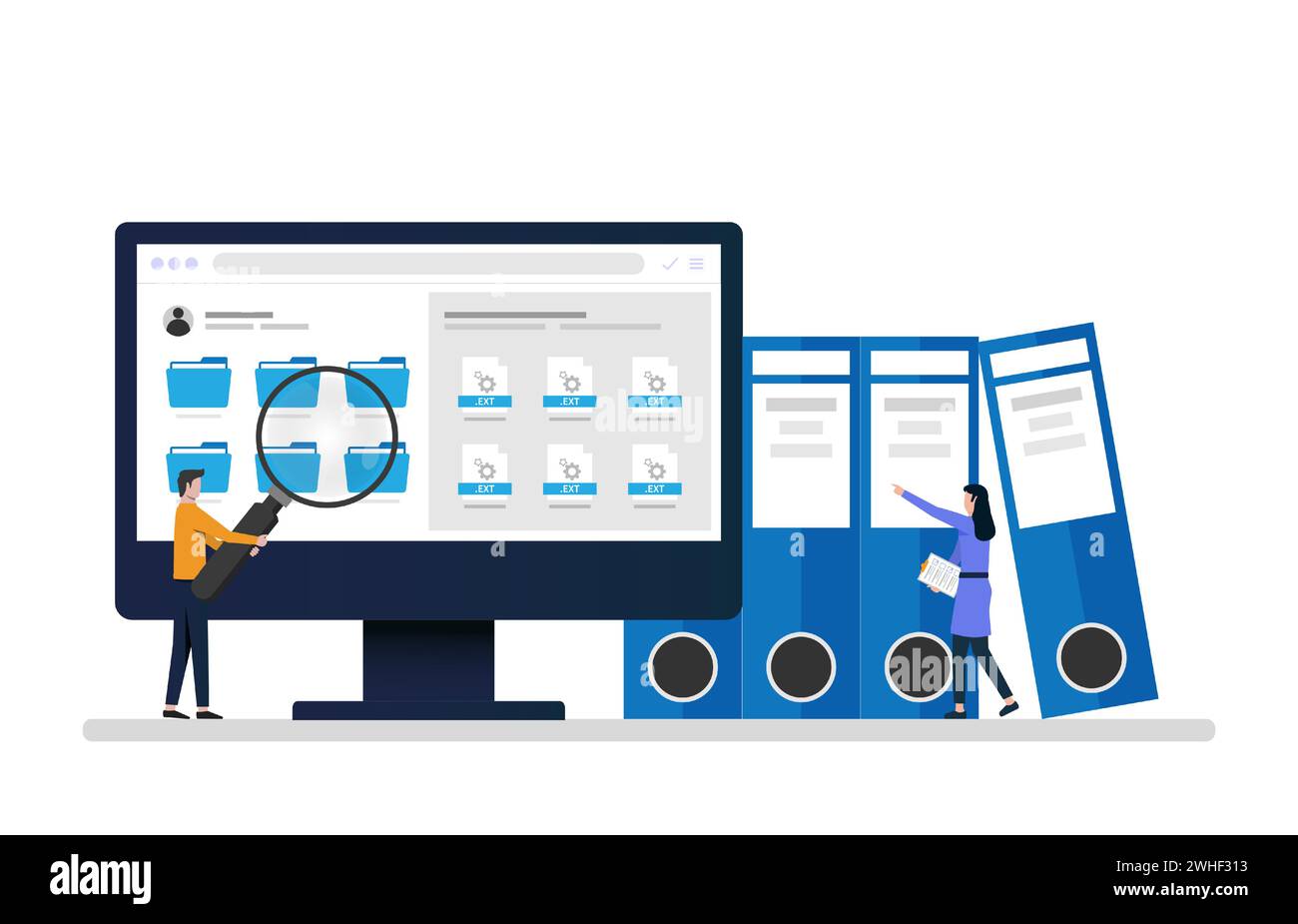 Dipendenti che cercano e indicizzano documenti di file. Illustrazione del concetto di gestione file e archiviazione dati. Illustrazione Vettoriale