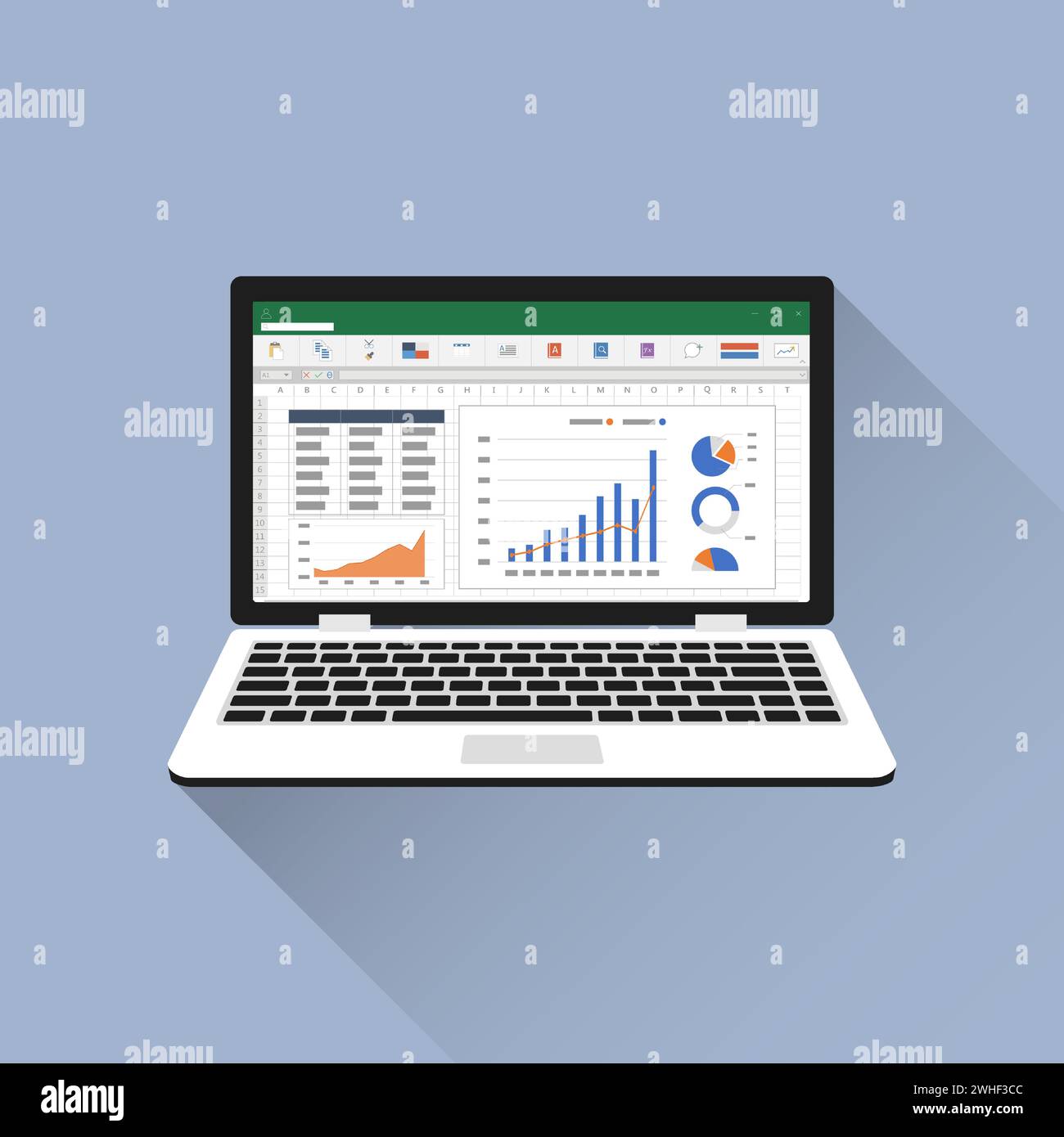 Icona del foglio di calcolo sullo schermo piatto del notebook. Concetto di relazione sulla contabilità finanziaria. oggetti di ufficio per la pianificazione e la contabilità, l'analisi, l'audit, la gestione dei progetti Illustrazione Vettoriale