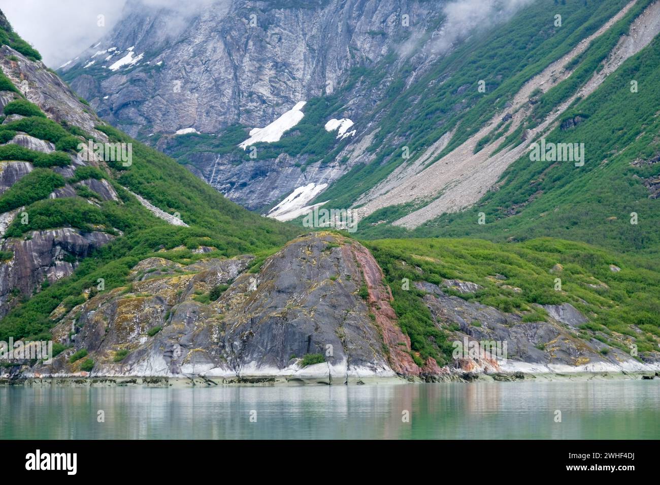 Valle in Endicott Arm con nebbia abbassante e marea limpida Foto Stock Valle in Endicott Arm con nebbia abbassante e marea limpida Foto Stock