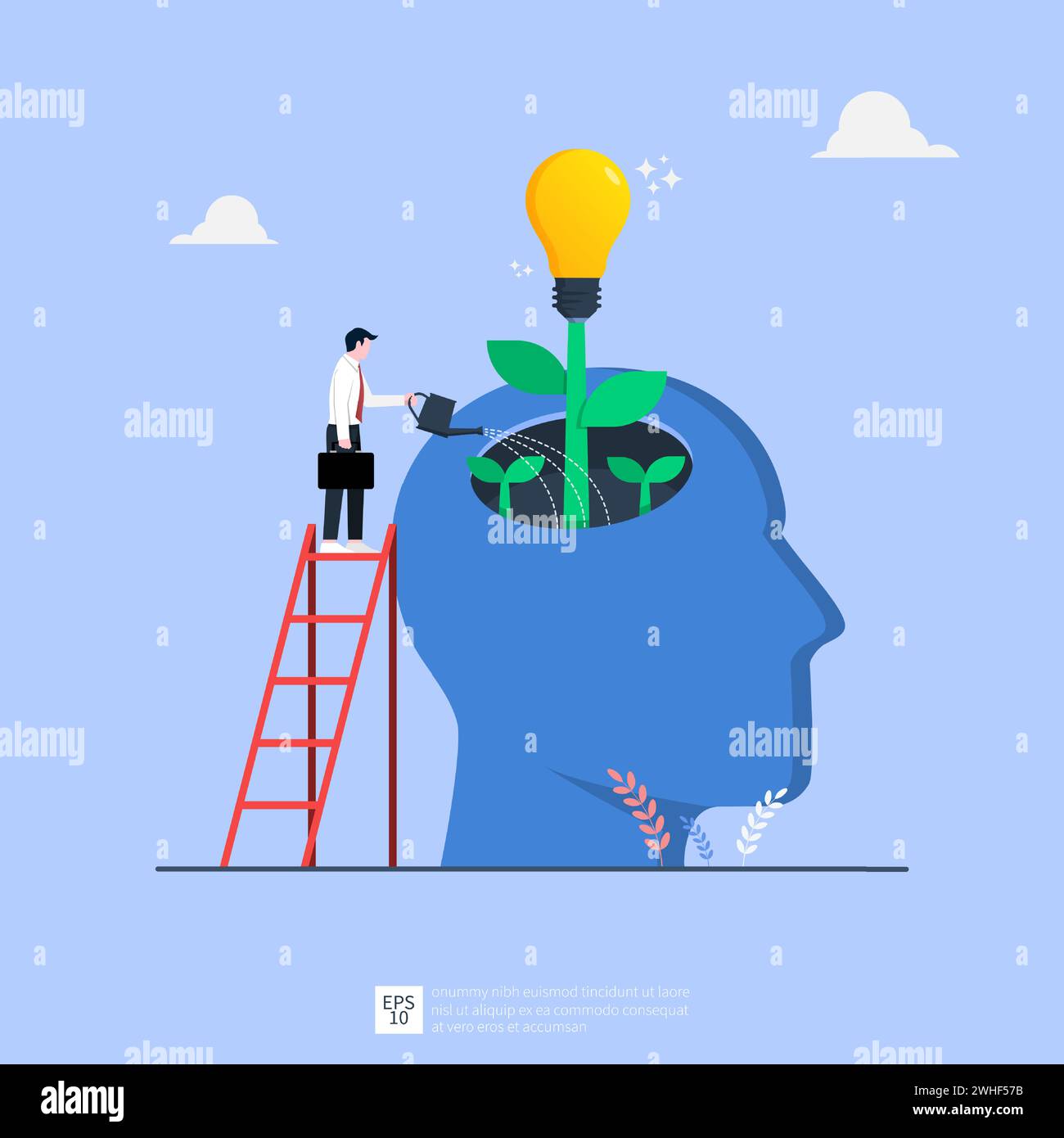 Piccolo uomo d'affari che innaffia la lampadina idea di una grande figura a testa umana. Idea di business Illustrazione Vettoriale