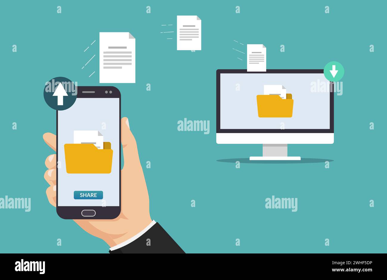Concetto di trasferimento file. Tenere lo smartphone a mano per trasferire cartelle e file nell'illustrazione vettoriale del computer. Illustrazione Vettoriale