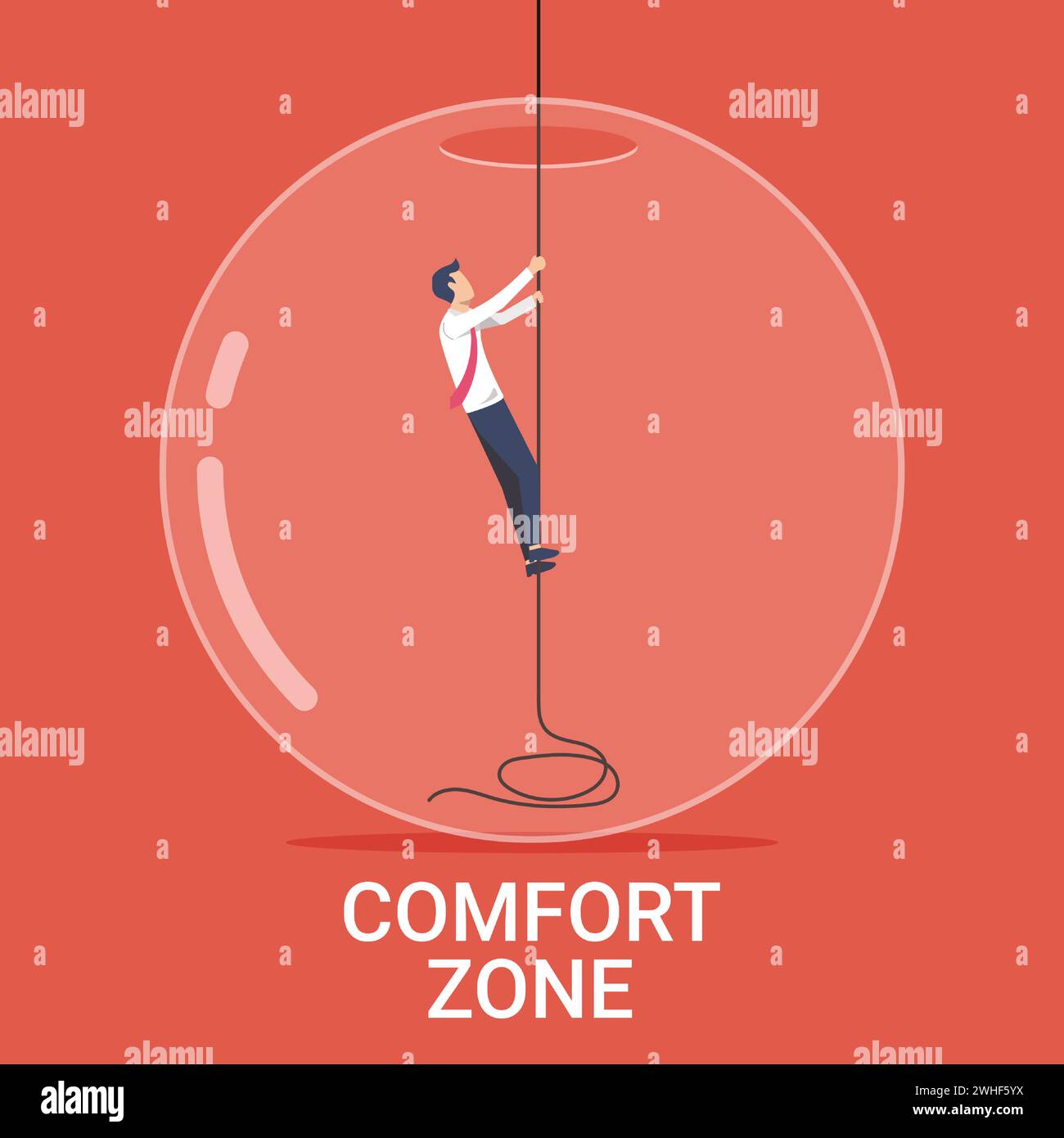 Personaggio d'affari che cerca di uscire dalla sua immagine vettoriale della zona di comfort Illustrazione Vettoriale