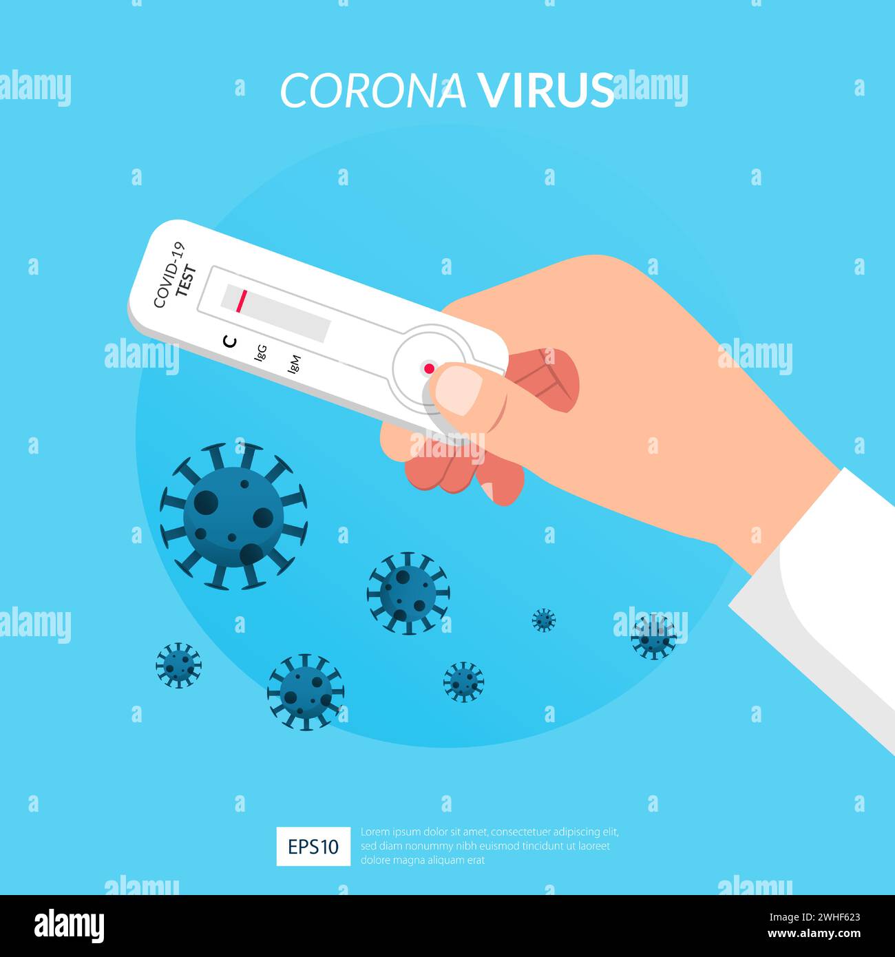 Tenere a mano il kit per il test del virus corona. Pandemia di covid-19. Illustrazione del vettore di rischio per la salute di avviso e consapevolezza Illustrazione Vettoriale