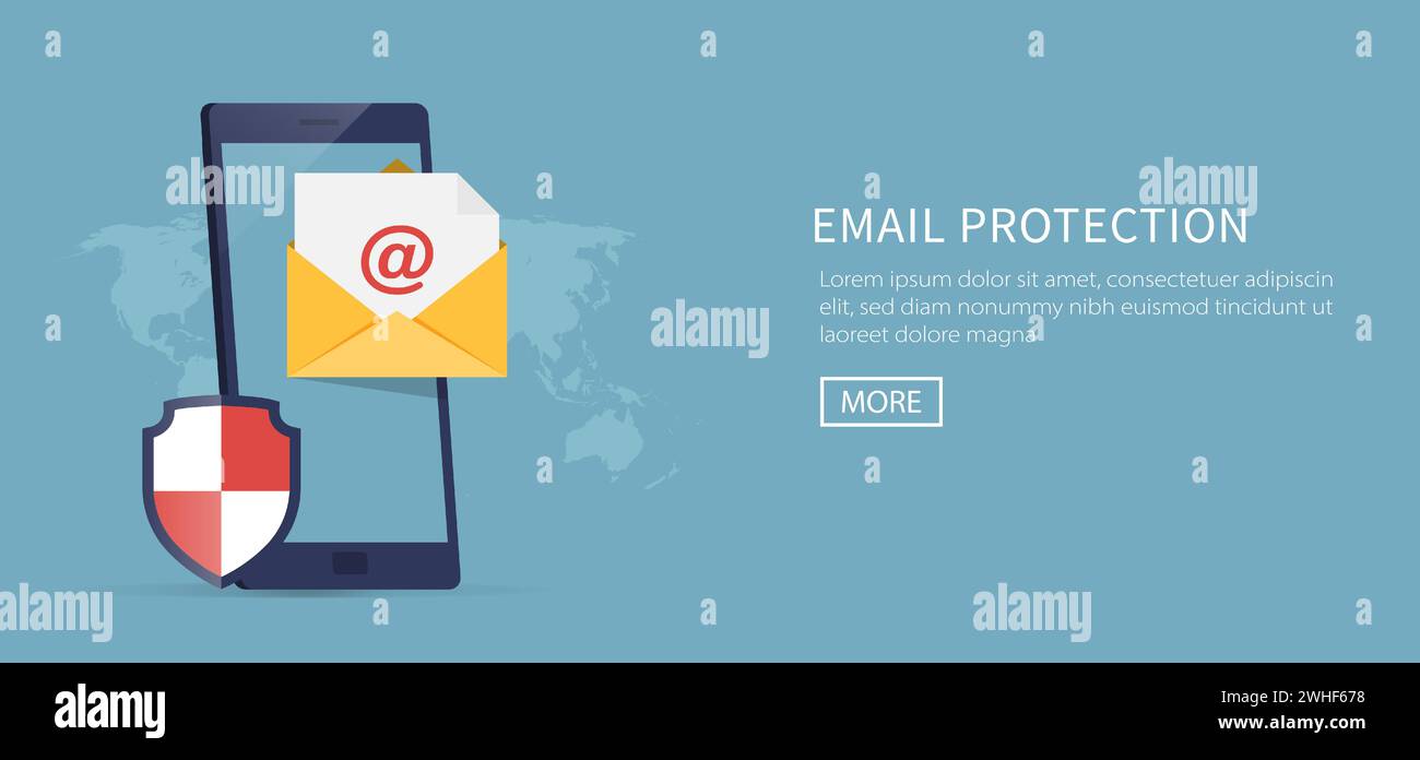 Concetto di protezione e-mail. Telefono cellulare piatto con immagine vettoriale dello scudo di sicurezza Illustrazione Vettoriale