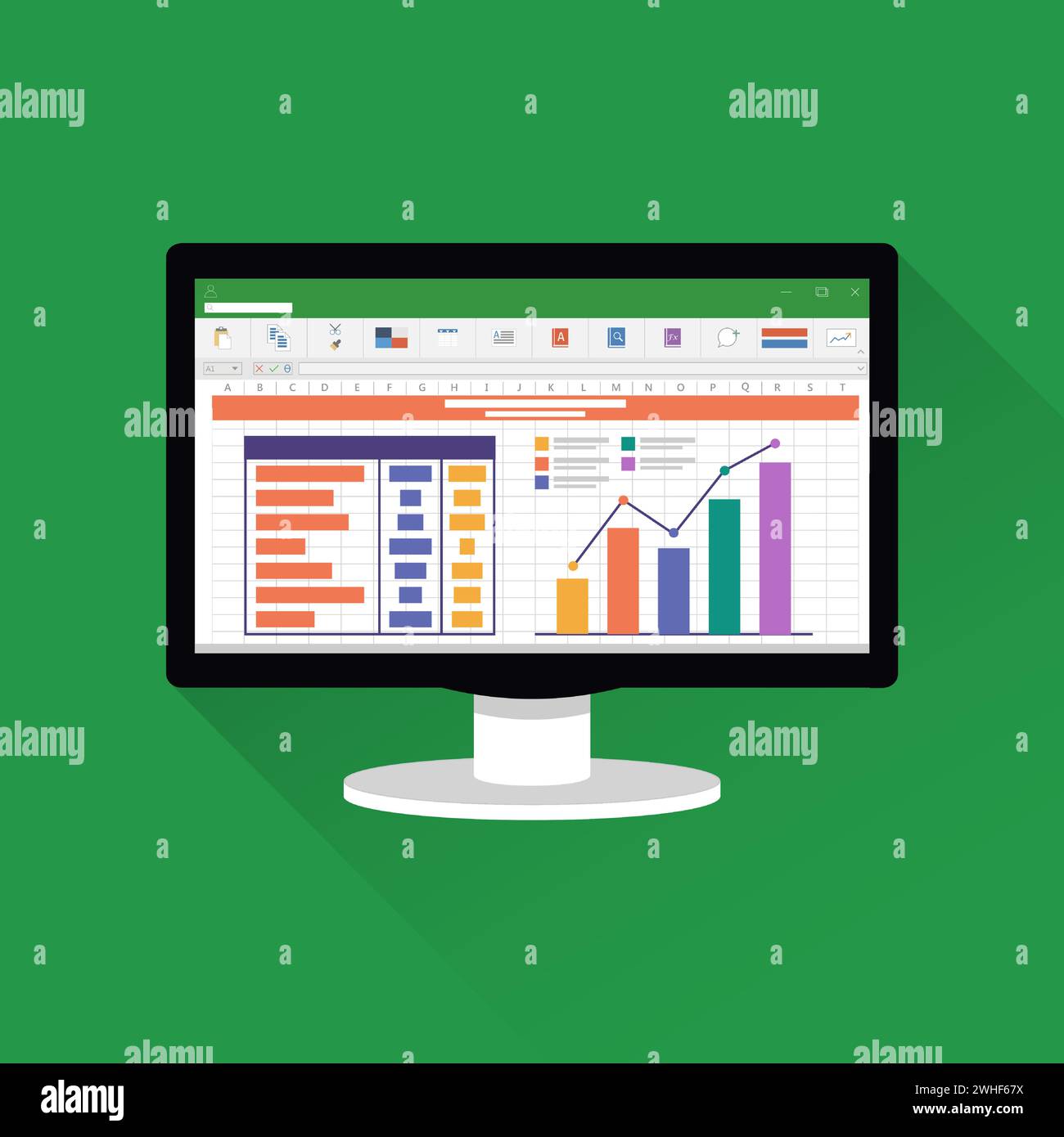 Icona foglio di calcolo sullo schermo piatto del computer. Concetto di rapporto di contabilità finanziaria. cose di ufficio per la pianificazione e la contabilità, l'analisi, la revisione, l'uomo di progetto Illustrazione Vettoriale